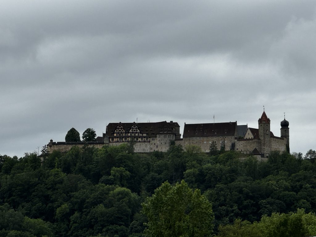 Eine mittelalterliche Burg auf einem bewaldeten Hügel, bestehend aus Türmen und Fachwerkgebäuden, unter einem bedeckten Himmel.